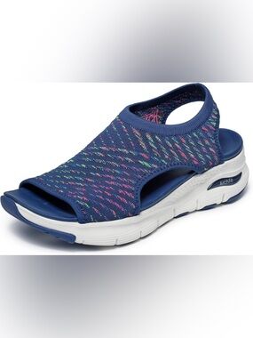 Skechers Women's Arch Catchy Wave Stretch Knit  Slip On Sandal Navy Blue Shoe 8